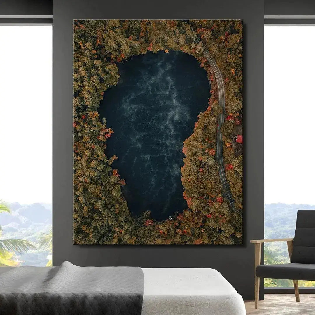Lifestyle visualization of the moody, dark lake canvas providing 'Cabin Side Views' in a modern living room setting.