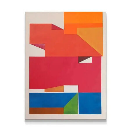 Abstract geometric painting 'Cali' displayed in a bright, modern gallery setting, emphasizing composition.