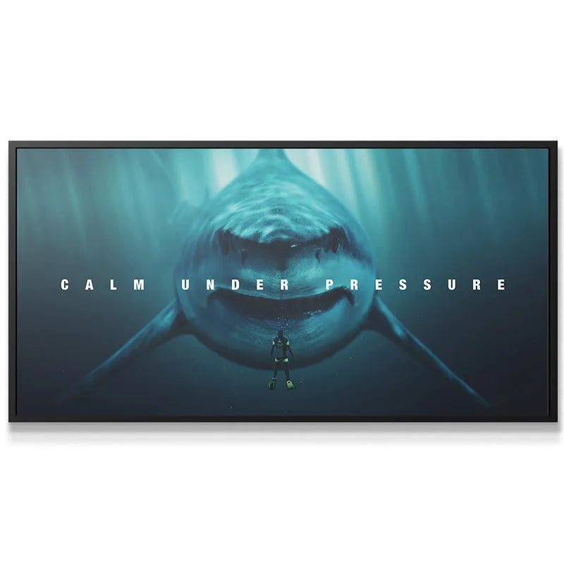 Close-up detail of the massive shark's head contrasting with the small diver for "Calm Under Pressure" artwork.
