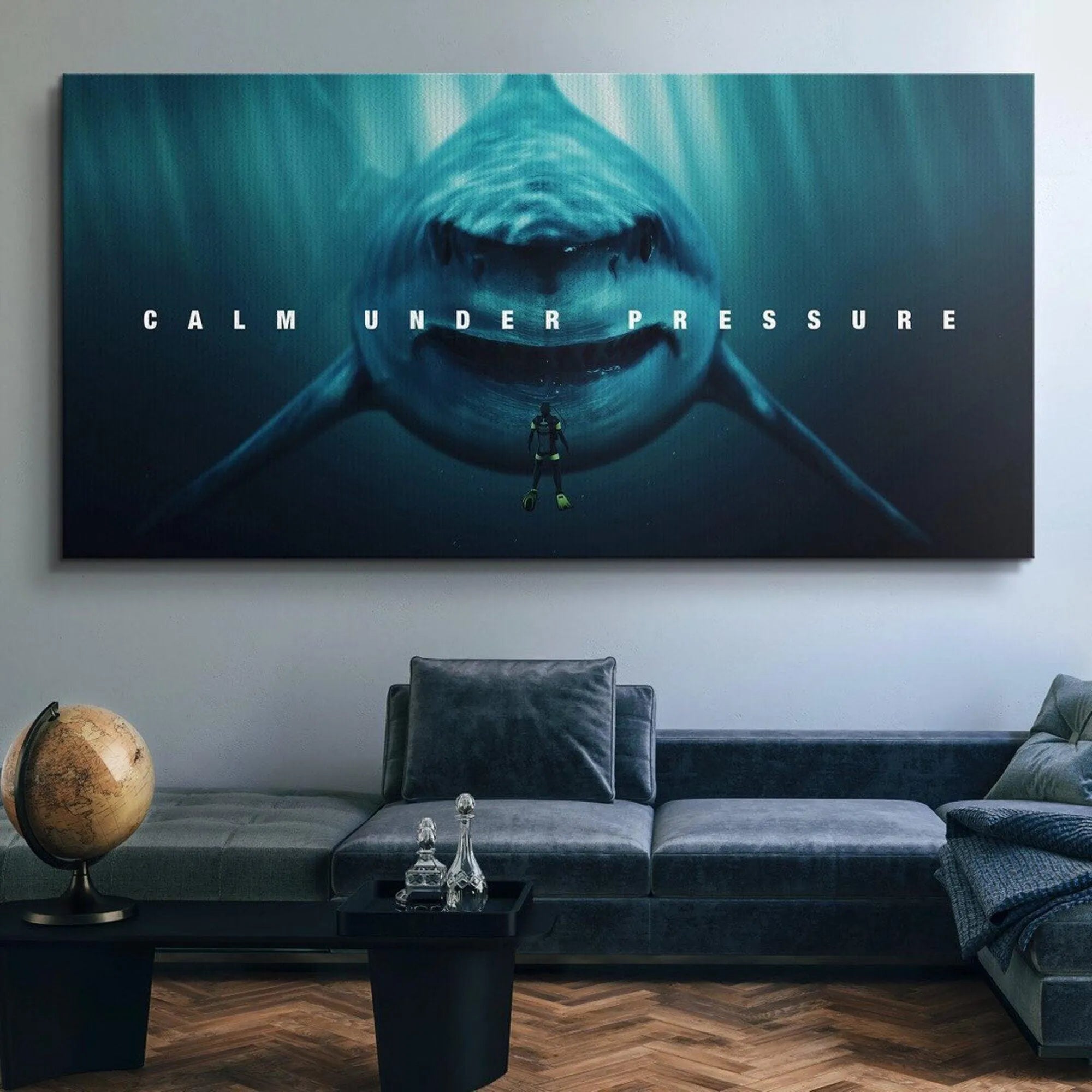 Low-angle perspective of the diver and the shark, emphasizing the dramatic scale in the "Calm Under Pressure" image.