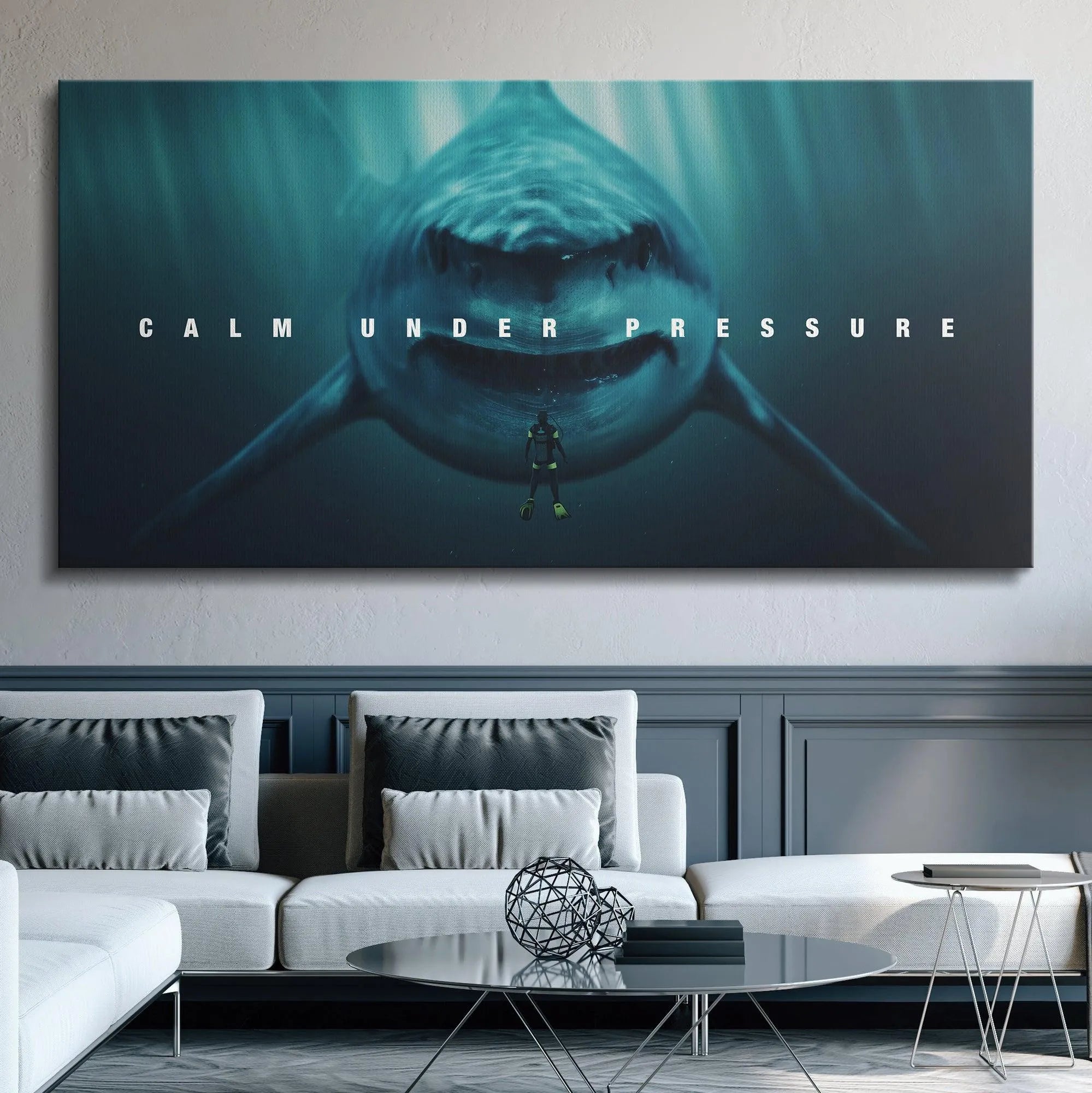Texture rendering of the underwater scene with sun rays filtering down, reinforcing the message of "Calm Under Pressure".