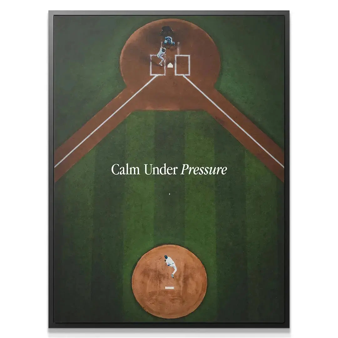 Close-up detail of the batter's box and home plate, highlighting the drama of 'Calm Under Pressure (Baseball)'.