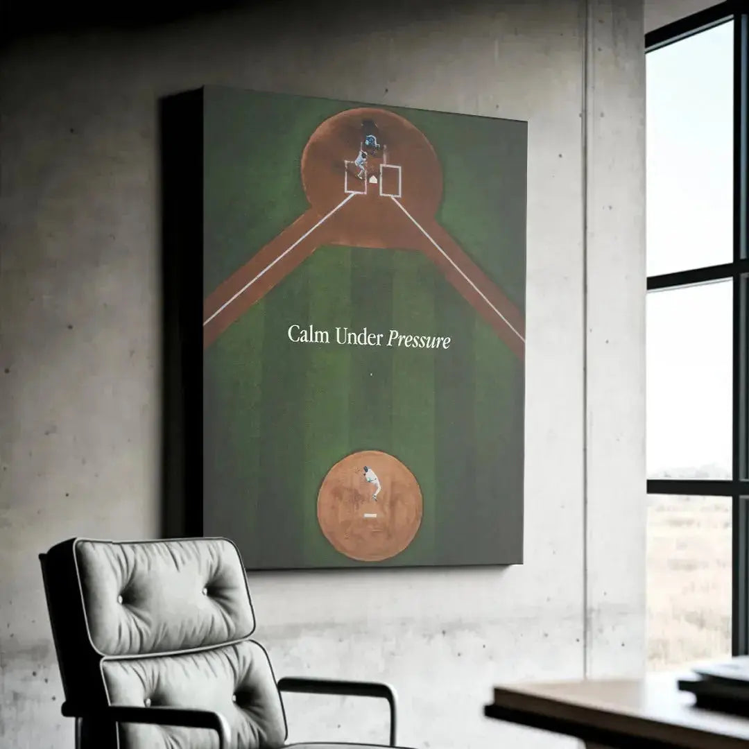 Lifestyle mock-up of the framed 'Calm Under Pressure (Baseball)' canvas hanging in a modern, inspirational office setting.