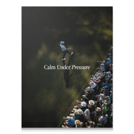 Aerial view of golfer walking towards the green titled 'Calm Under Pressure (Golf)' poster.