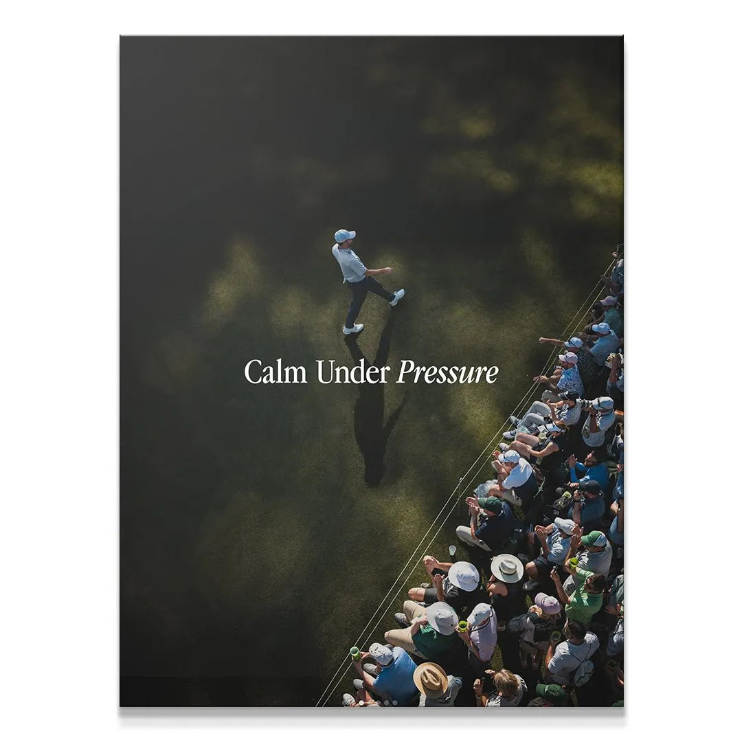 Aerial view of golfer walking towards the green titled 'Calm Under Pressure (Golf)' poster.