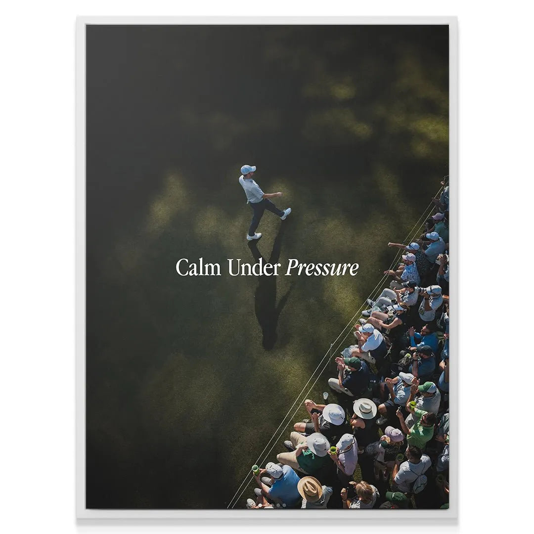 Full vertical composition of the spectator bank contrasted with the lone player in 'Calm Under Pressure (Golf)'.
