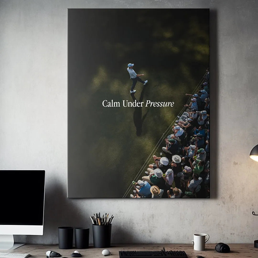 Lifestyle mock-up of the framed 'Calm Under Pressure (Golf)' print hanging in a modern, sophisticated office setting.