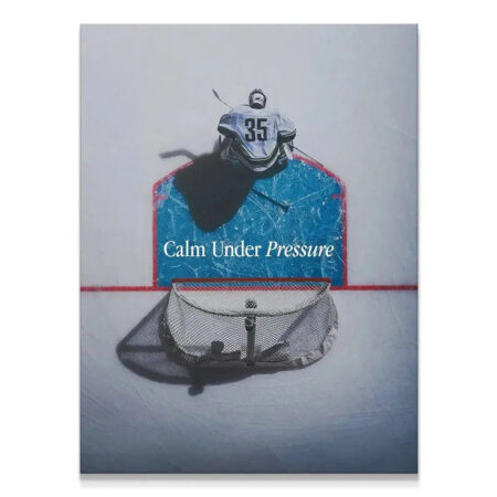 Overhead view of Goalie 35 guarding the net, titled Calm Under Pressure (Hockey).