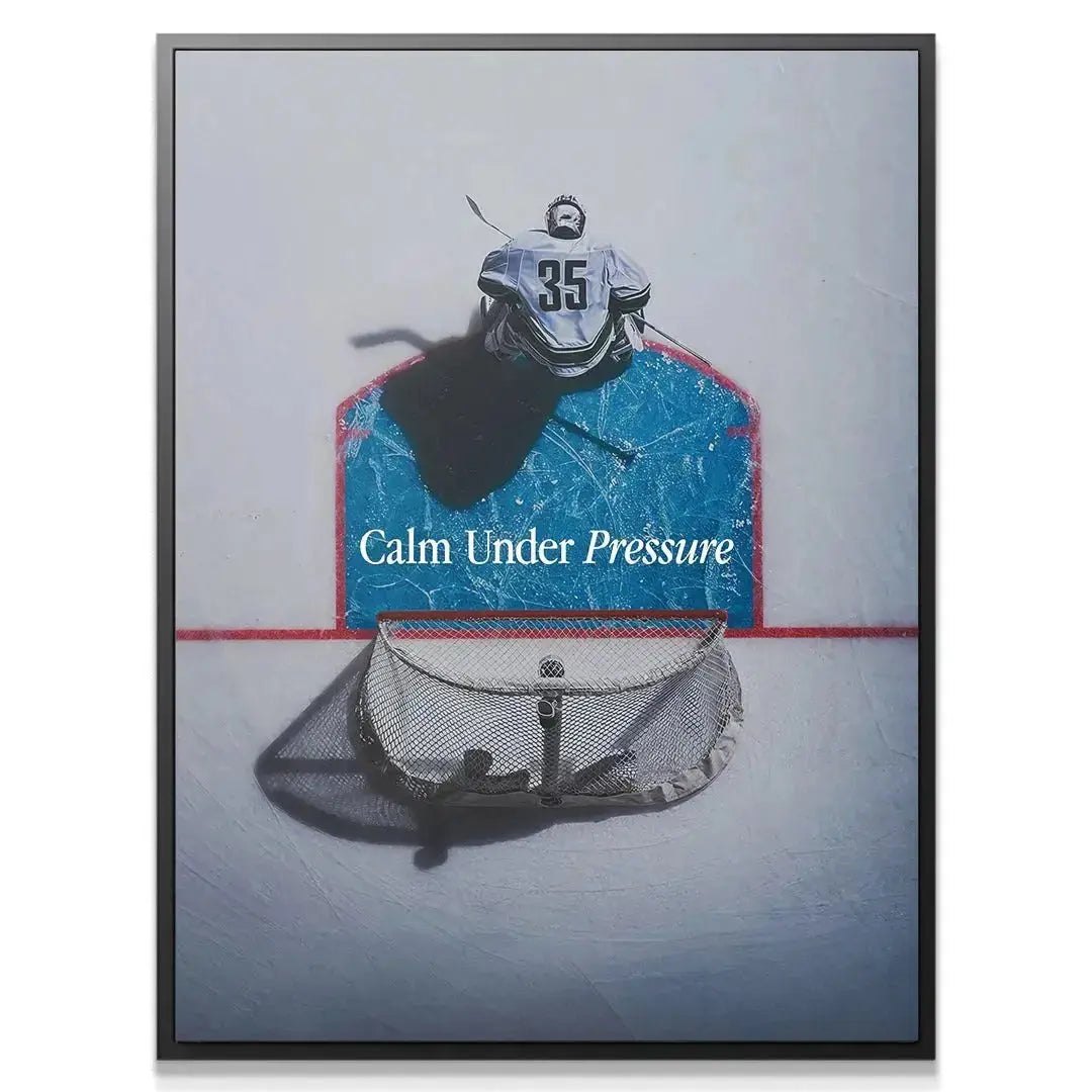 Detail close-up of the goalie's jersey number and stick in the artwork Calm Under Pressure (Hockey).