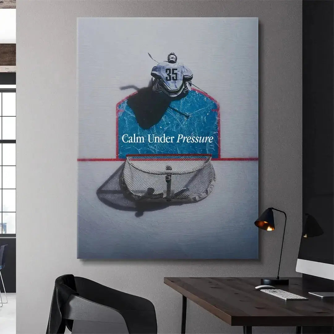 Texture rendering of the scratched blue paint in the crease for Calm Under Pressure (Hockey) wall art.