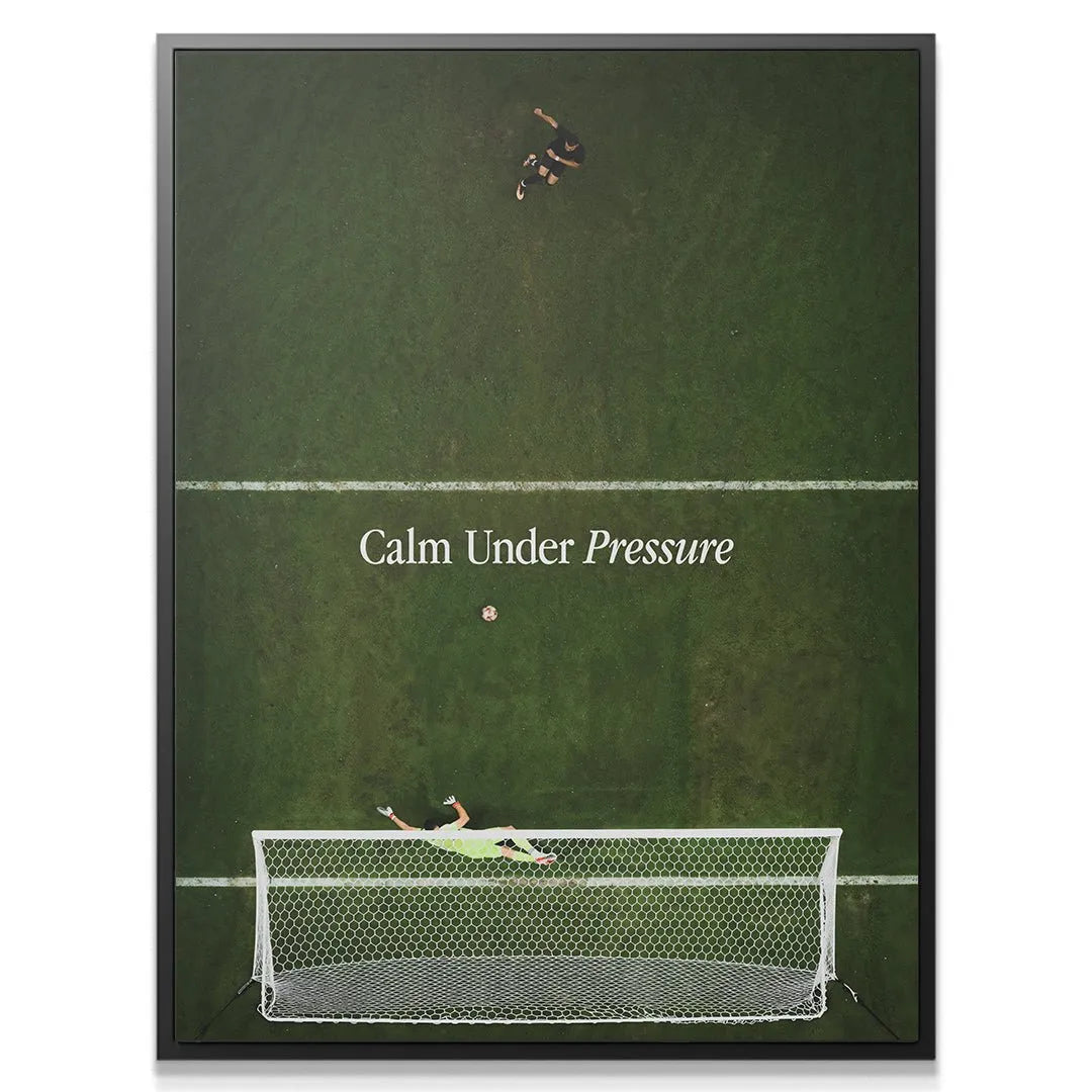 Close-up detail of the goal netting and the ball near the line in the 'Calm Under Pressure (Soccer)' print.