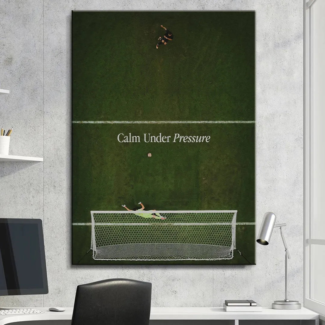 High-resolution artistic focus on the grass texture and white field lines within 'Calm Under Pressure (Soccer)'.