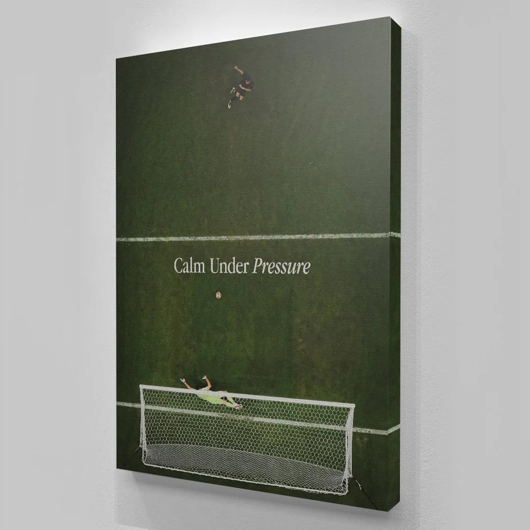 Overhead perspective emphasizing the distance from the players in the background to the action in 'Calm Under Pressure (Soccer)'.