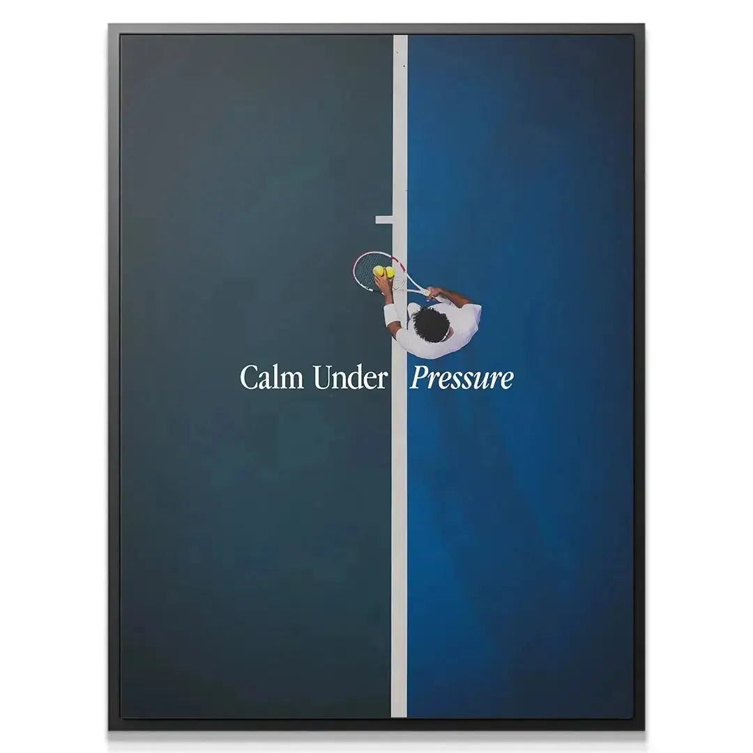 Close-up detail of the motivational text overlay on the 'Calm Under Pressure (Tennis)' artwork.