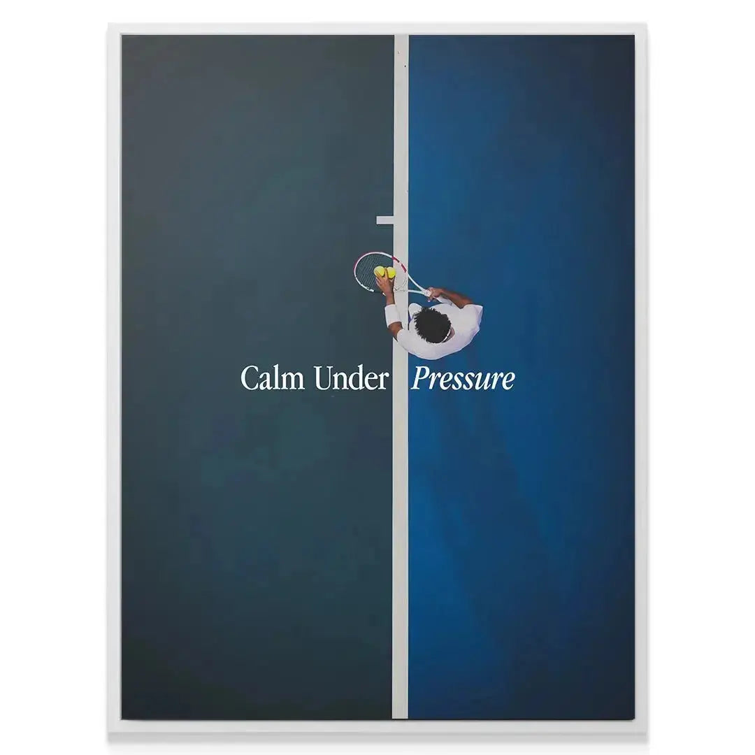 Full vertical shot of the dual-toned blue and gray tennis court composition | Calm Under Pressure (Tennis).