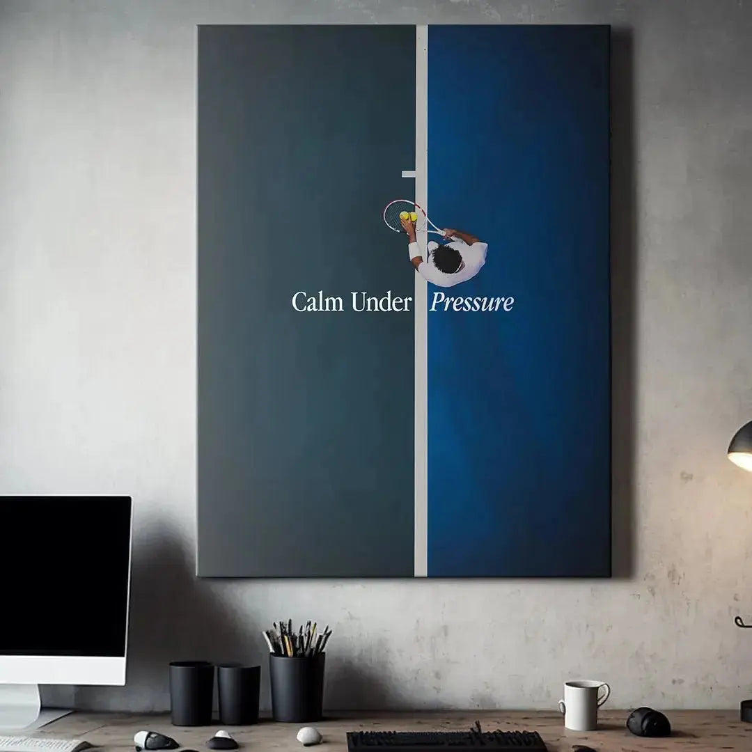 Lifestyle presentation of the framed 'Calm Under Pressure (Tennis)' art piece in a modern home office setting.
