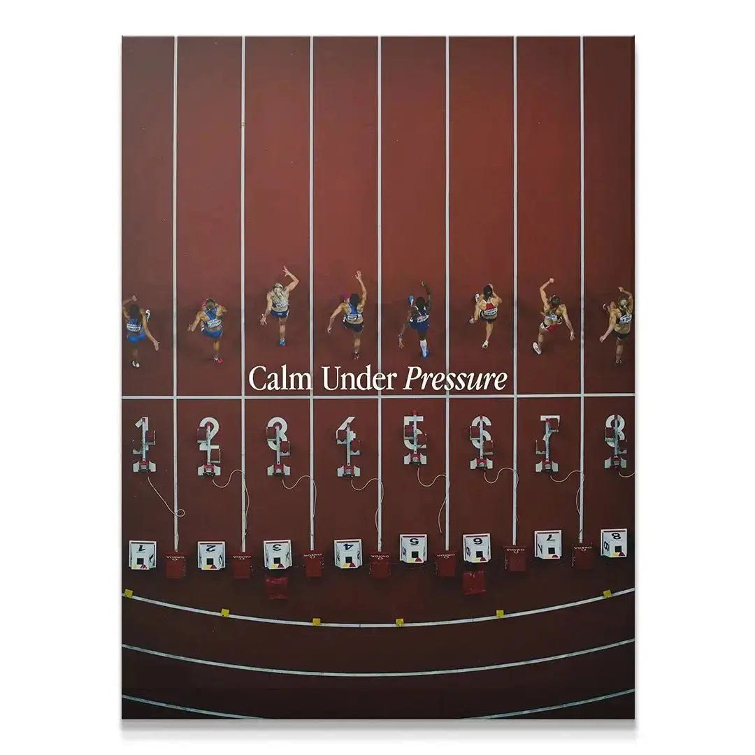 Overhead view of starting blocks and runners on the track captured in the print 'Calm Under Pressure (Track)'.