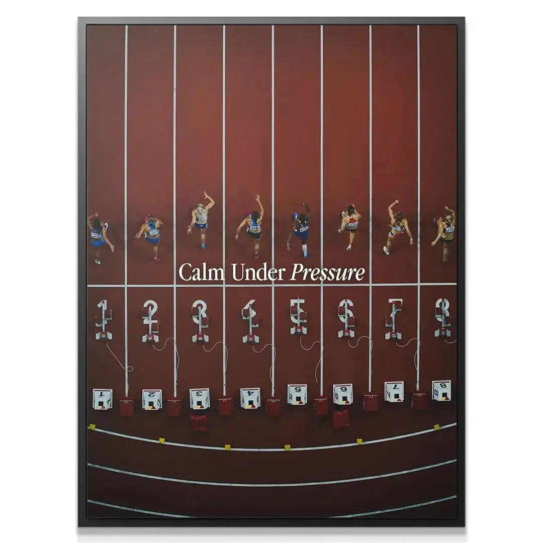 Detailed angle of female sprinters launching their race, central to the theme of 'Calm Under Pressure (Track)'.