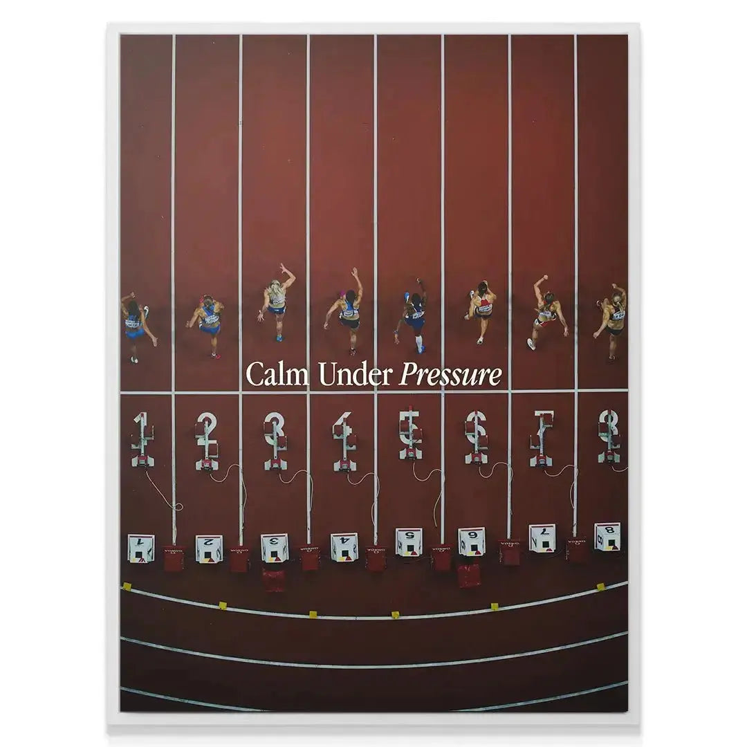Wide shot showcasing the entire race track layout and the text overlay 'Calm Under Pressure (Track)'.