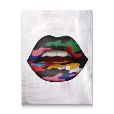 Full frontal view of the 'Camo Lips' canvas print featuring white teeth detail.