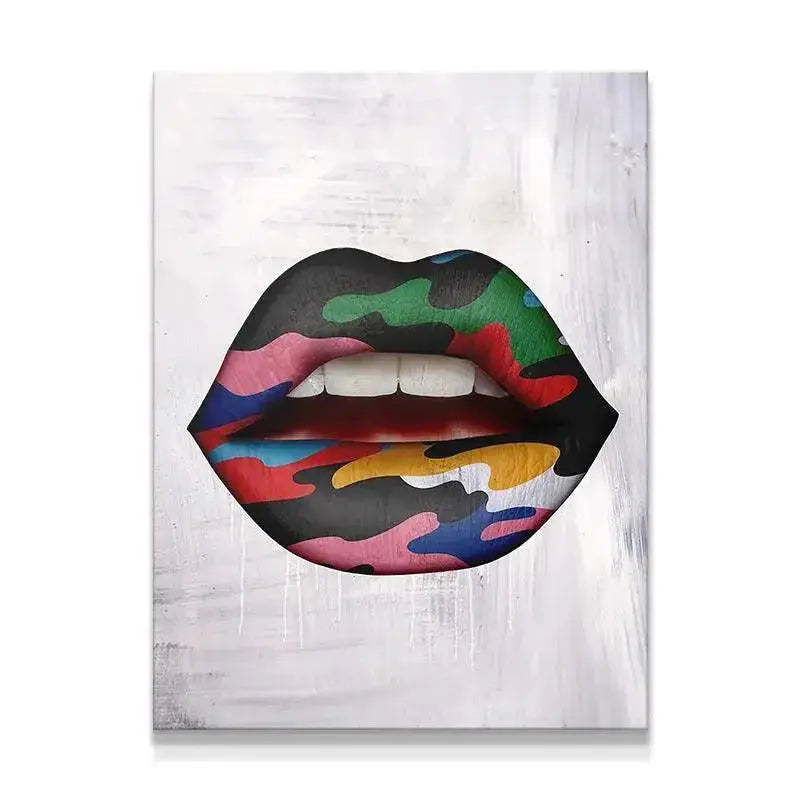 Full frontal view of the 'Camo Lips' canvas print featuring white teeth detail.