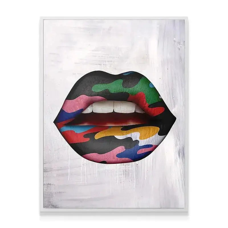 Angled studio shot emphasizing the scale and impact of the 'Camo Lips' artwork.