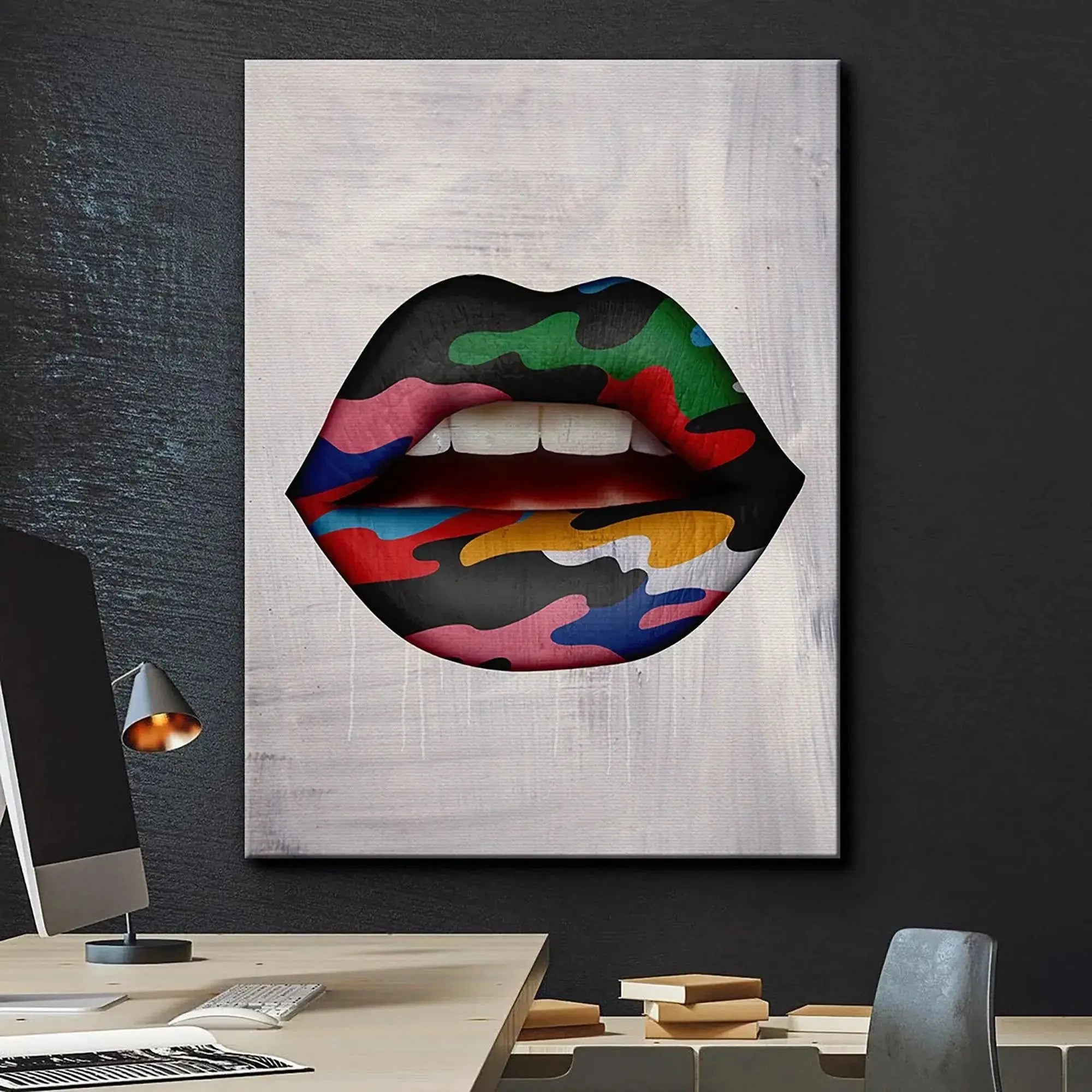 Lifestyle visual of the 'Camo Lips' abstract art hung in a contemporary bedroom setting.