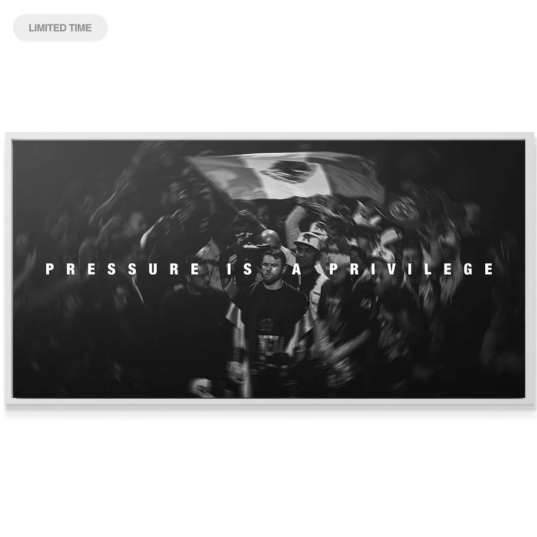 Dramatic black and white lighting emphasizing the subject in 'Canelo - Pressure Is A Privilege' artwork.