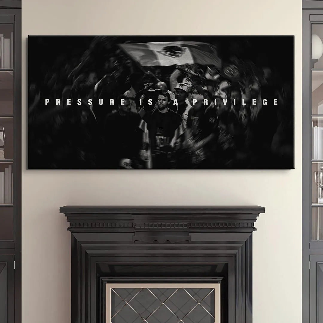 Lifestyle view showing the framed canvas 'Canelo - Pressure Is A Privilege' hanging in a modern gym setting.