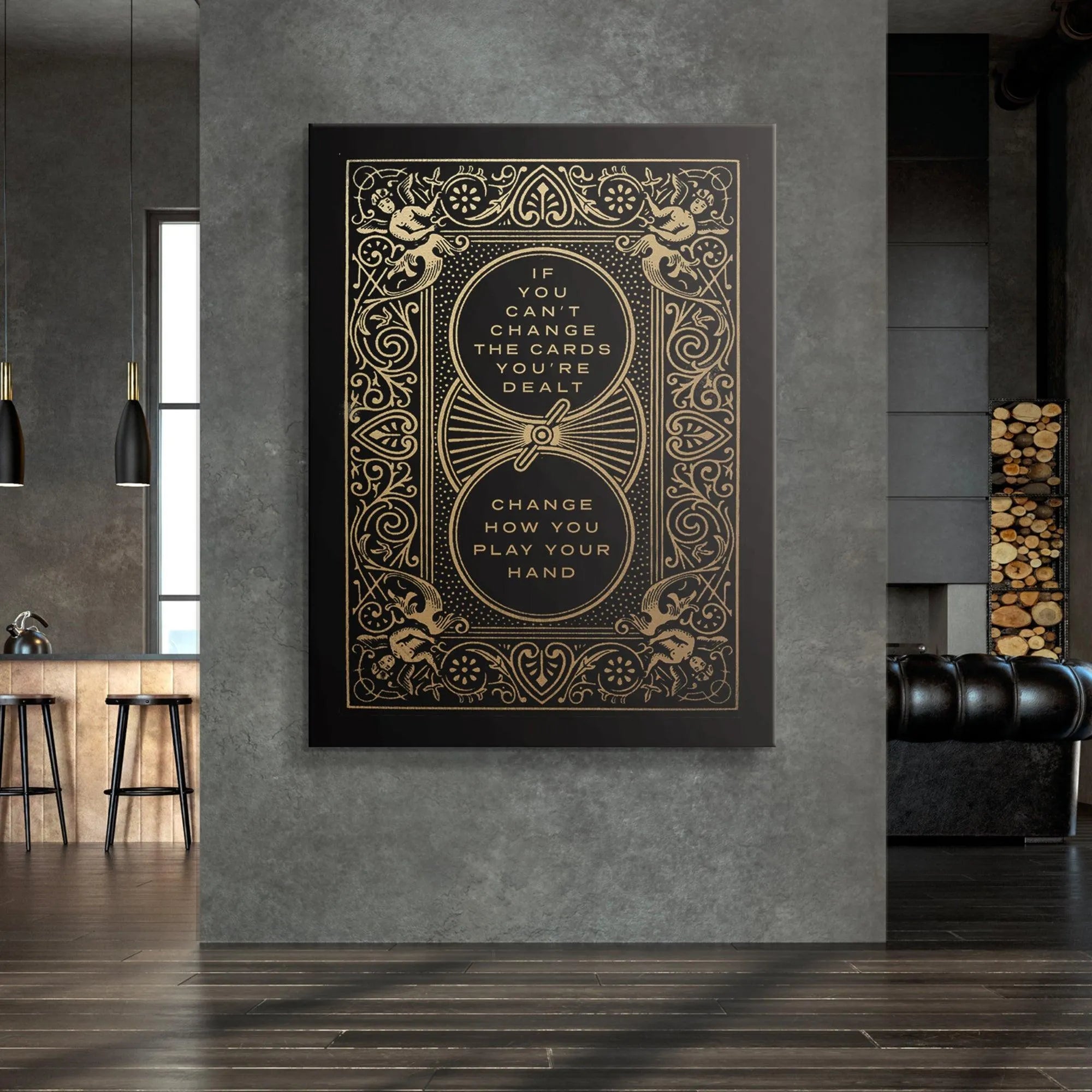 Corner crop highlighting the small, intricate cherub and floral figures integrated into the unique border design of 'Cards You’re Dealt'.