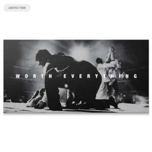 Carmen Basilio – Worth Everything Wall Art Dramatic black and white wide-angle boxing photo showing kneeling fighter and winner raised high: Carmen Basilio - Worth Everything.