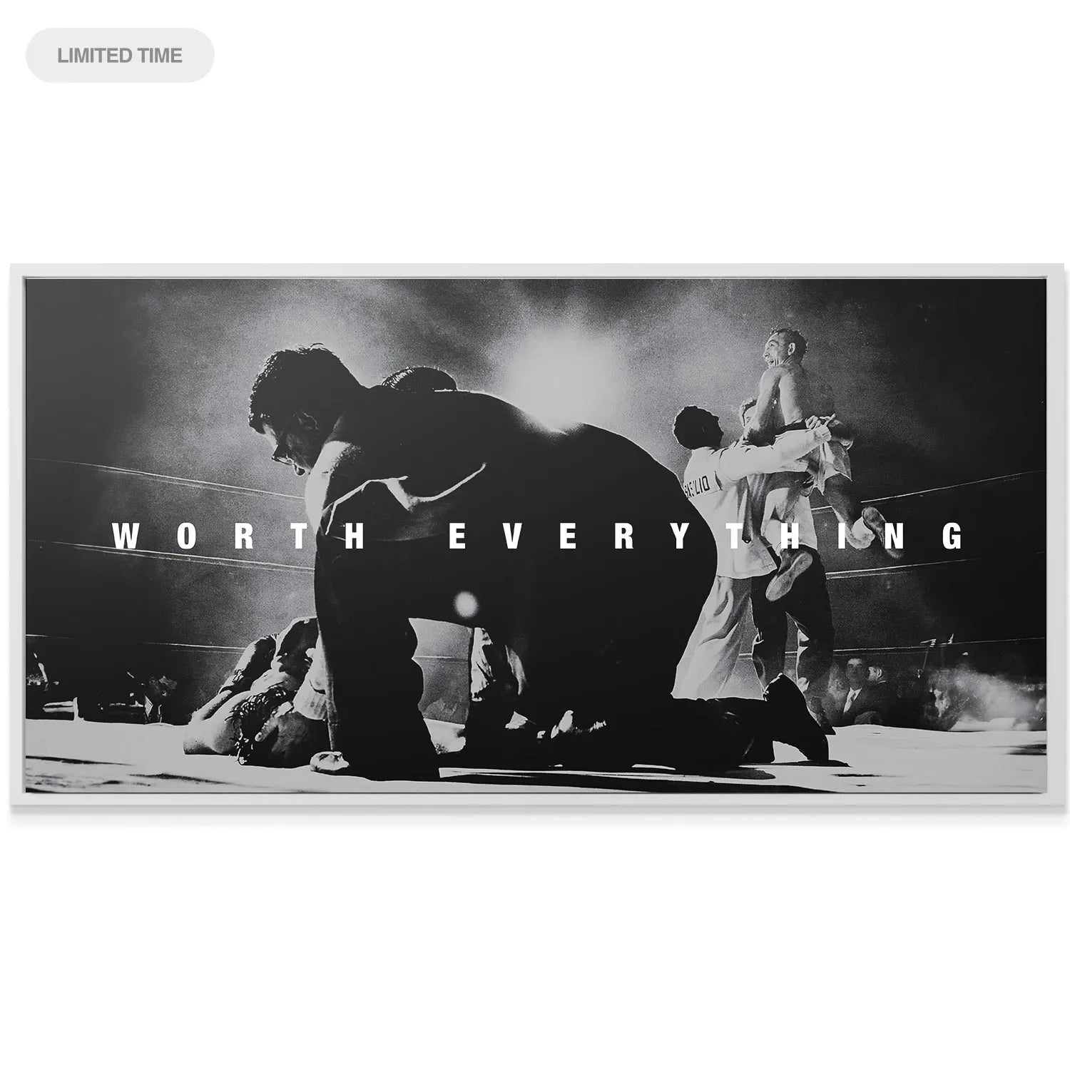 Lifestyle view of the historical boxing ring scene emphasizing the dramatic defeat and victory: Carmen Basilio - Worth Everything.