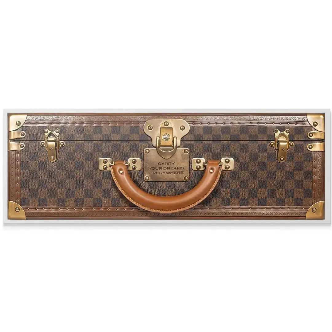 Angled shot highlighting the polished brass corner protectors on the small travel case; designed to Carry Your Dreams Everywhere securely.