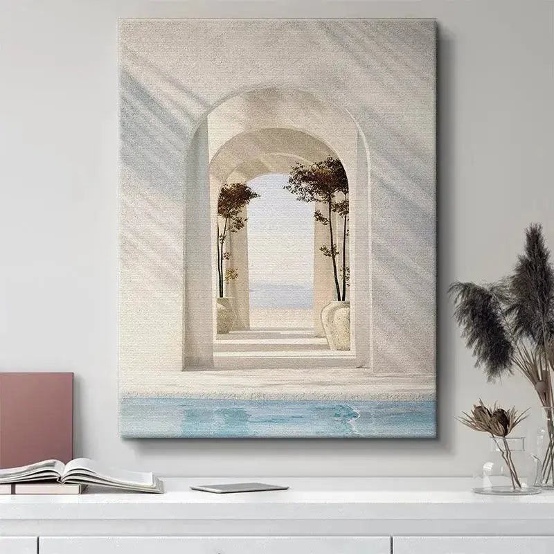 Foreground view of the sparkling blue pool water edge in Casa Arco poster.
