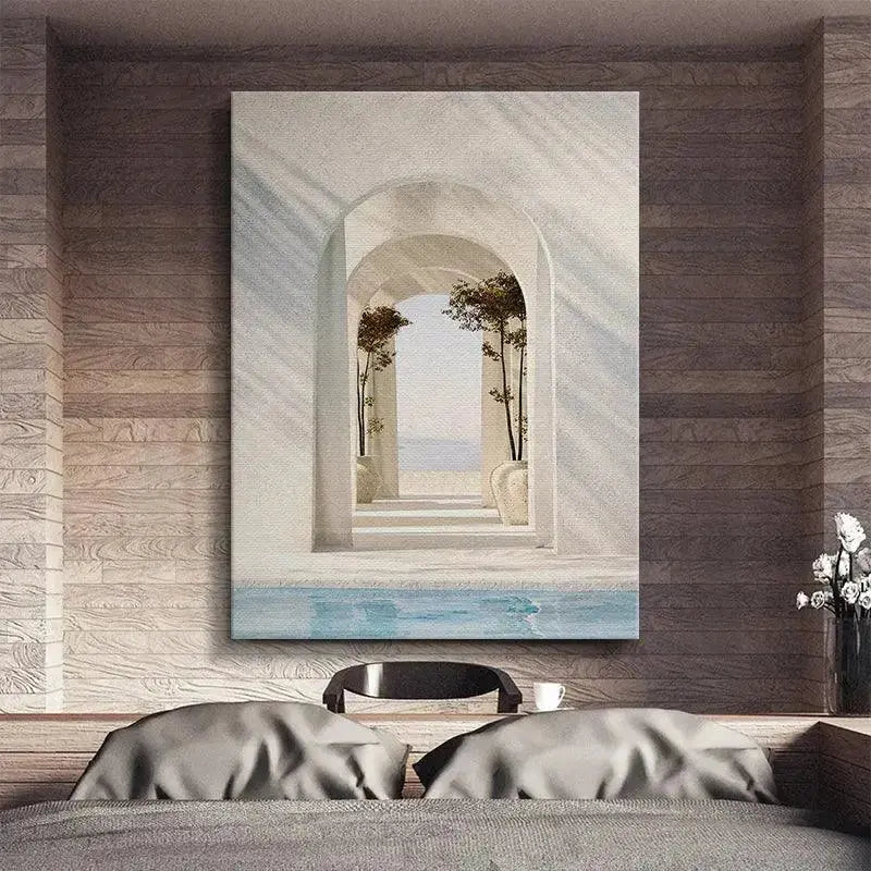 Symmetrical composition featuring two potted trees framed by the arches in Casa Arco.