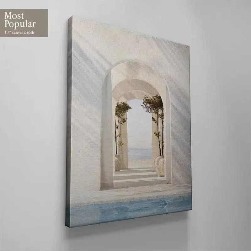 High contrast sunlight and deep shadow patterns defining the white wall surfaces of Casa Arco.