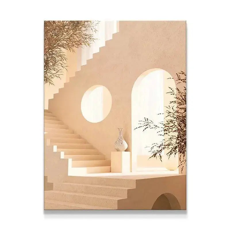 Ascending geometric staircase capturing the striking shadow play in Casa L Escala artwork.