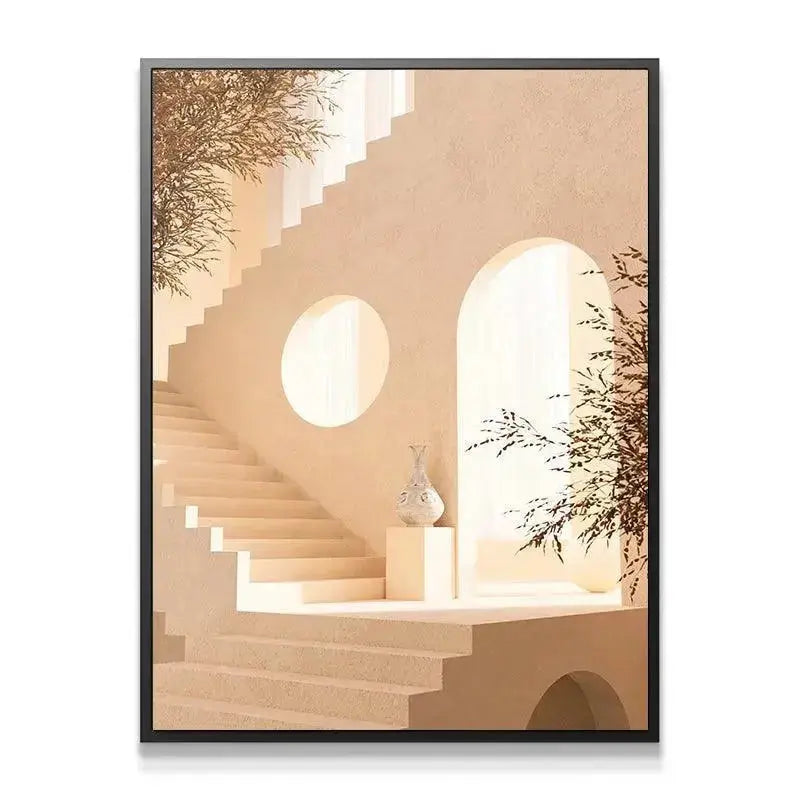 Close-up view of the white vase and pedestal against the beige wall textures in Casa L Escala.