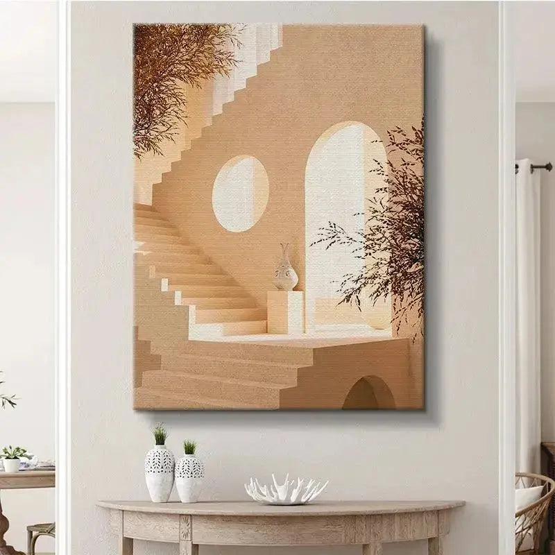 Detailed texture of the sandy beige wall surface contrasted with organic foliage in Casa L Escala print.