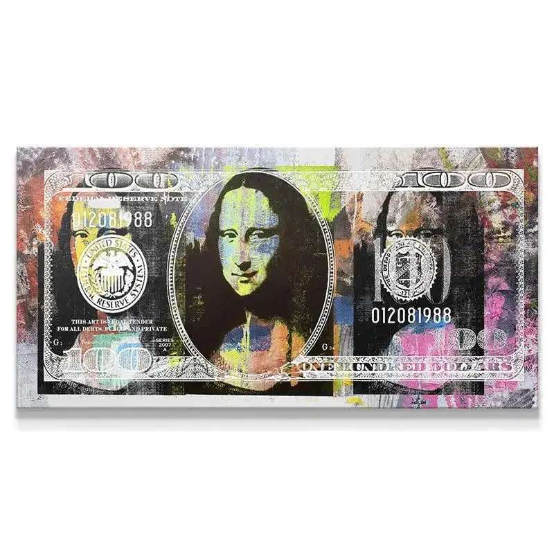 Close-up texture of the colorful spray paint detailing on the Cash Queen canvas.