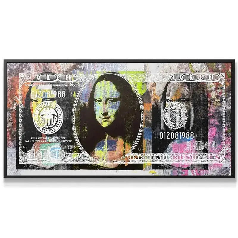 Full frontal view of the bold, oversized Cash Queen pop art featuring the Mona Lisa on a $100 bill design.