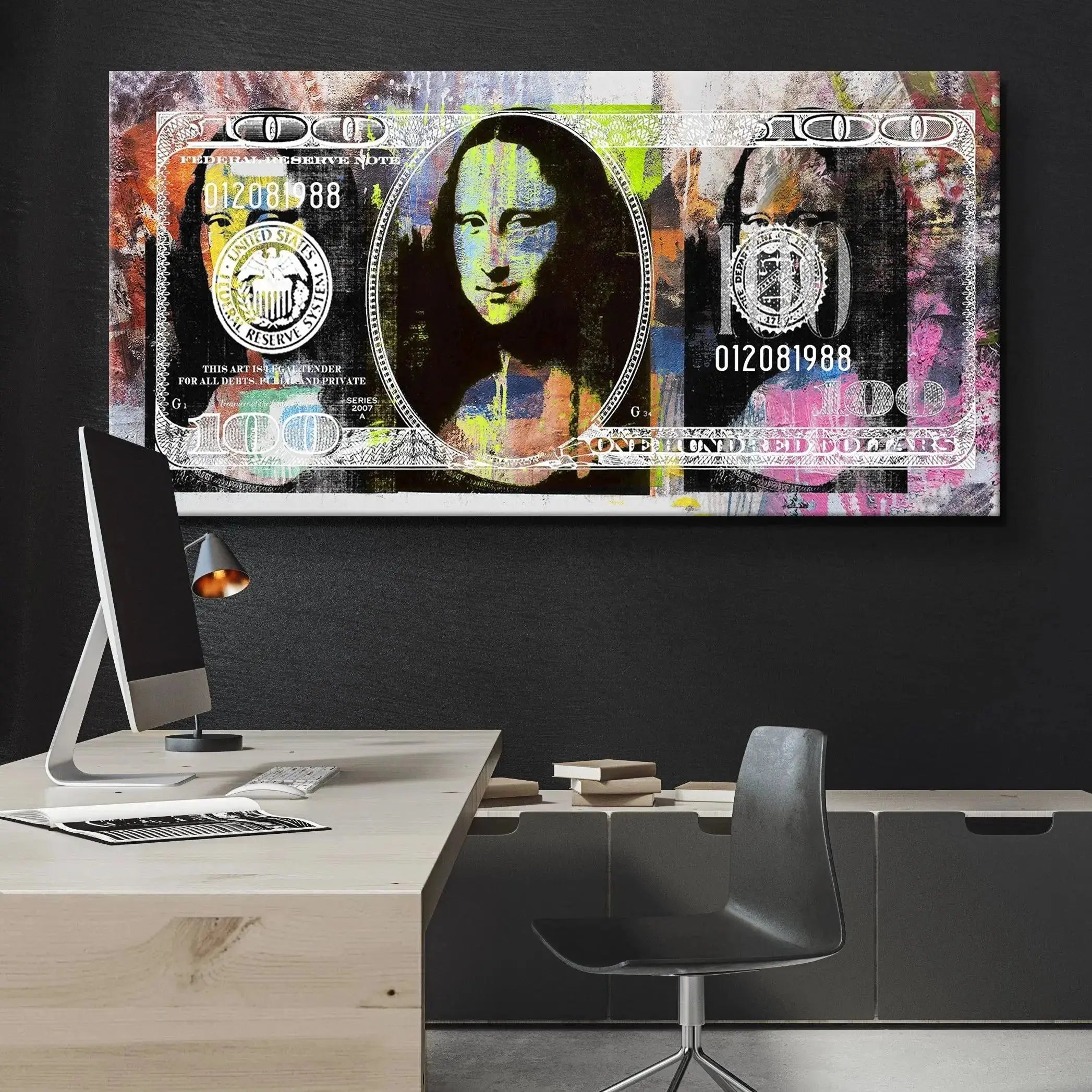 Lifestyle shot showing the vibrant Cash Queen wall art hanging above a modern office desk.