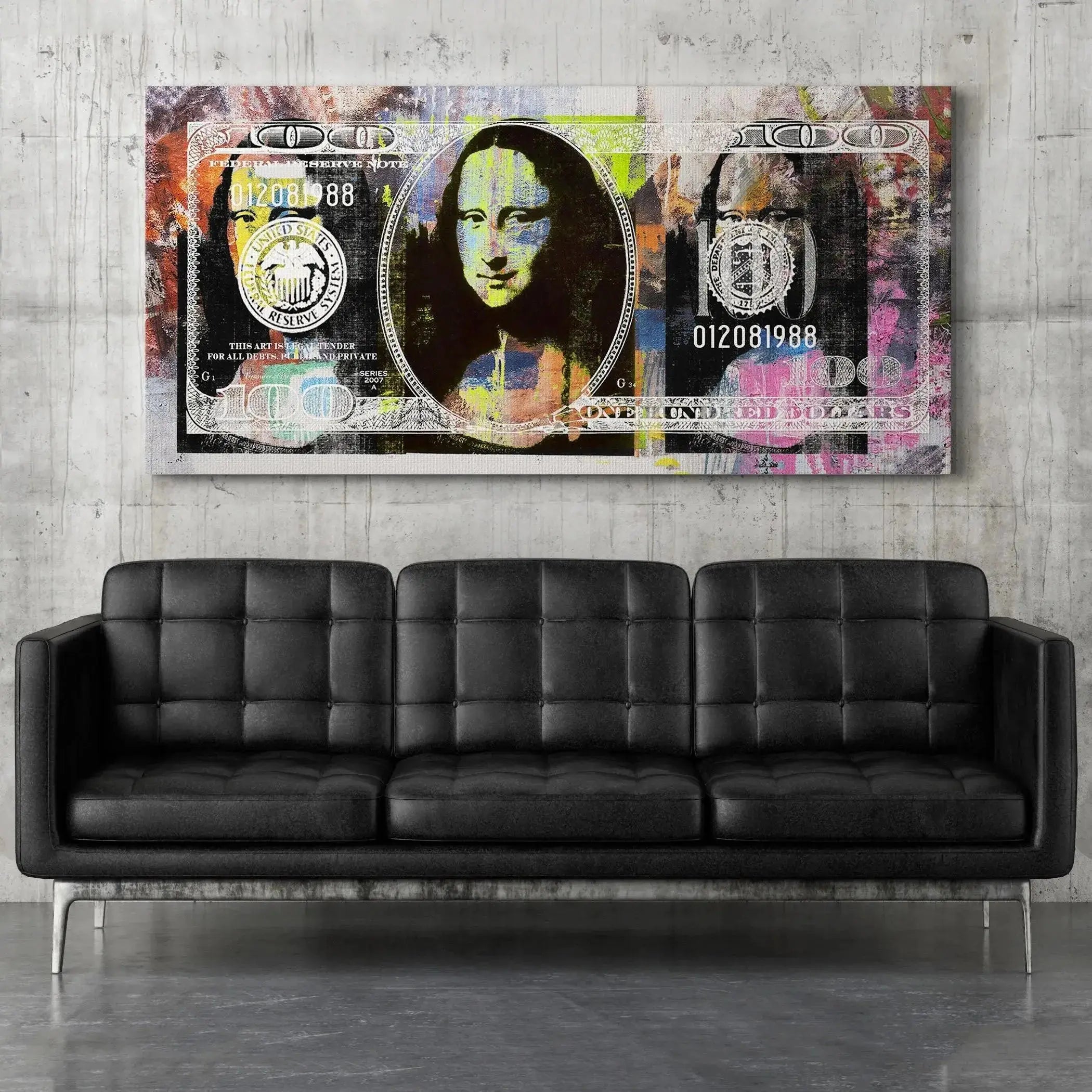 Textural view emphasizing the distressed black and white elements behind the neon colors of the Cash Queen print.