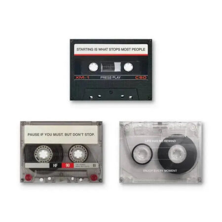 Overhead view of the three motivational Cassette Bundle items displayed neatly on a clean white background.