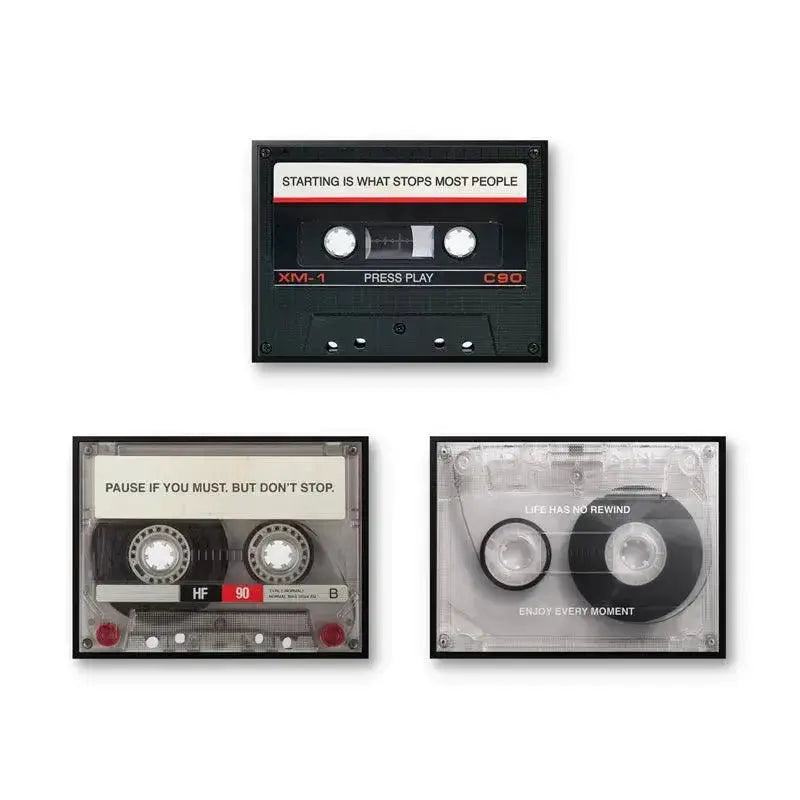 Close-up detail of the black cassette in the Cassette Bundle, featuring the C90 label and 'Starting is what stops most people' quote.