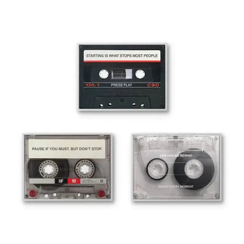 Angled shot highlighting the clear plastic shell texture of the 'Life has no rewind' component of the Cassette Bundle.