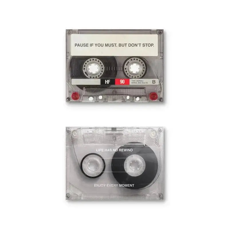 Full vertical shot of the two pieces of motivational Cassette Set art.