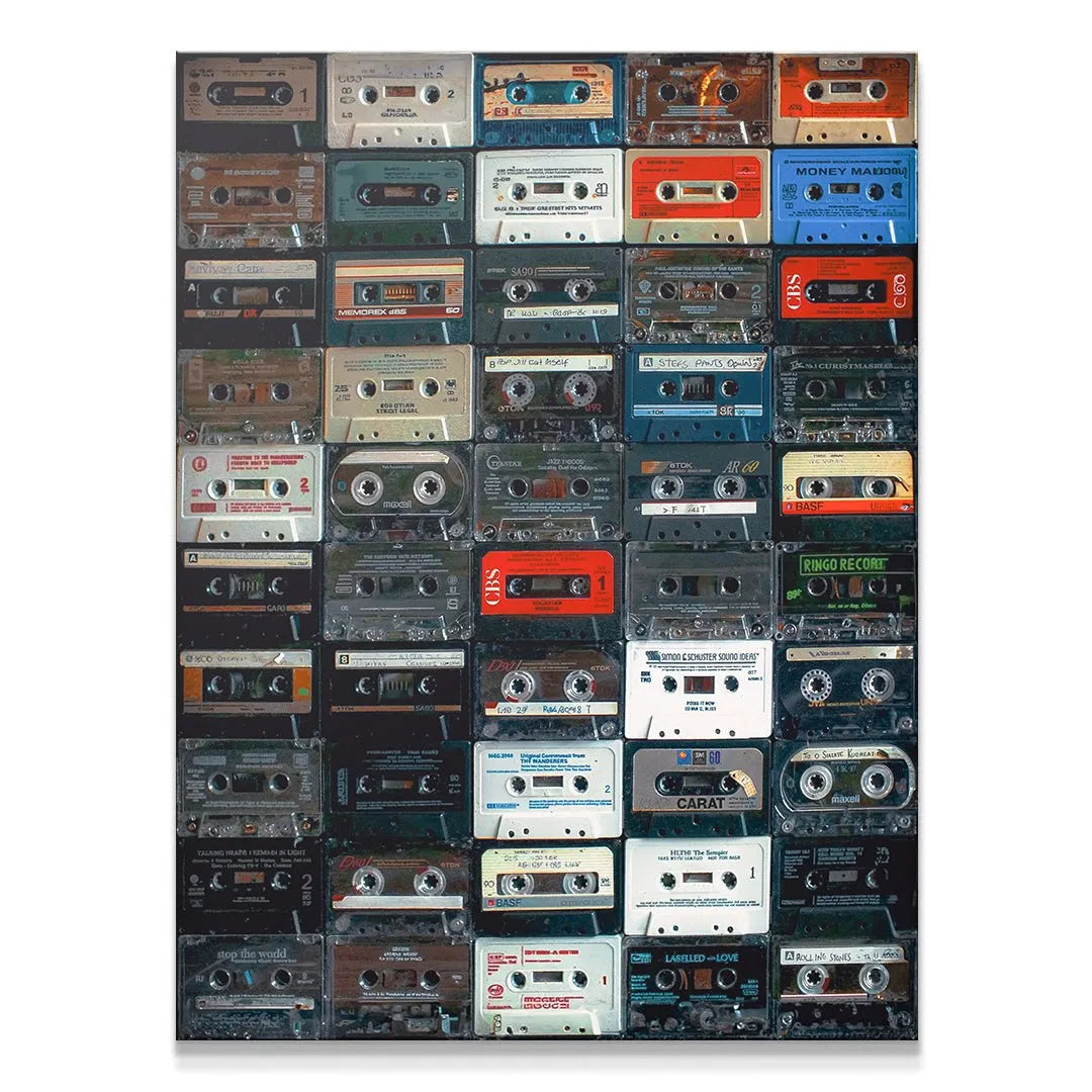 Vintage full grid Cassette Wall artwork displaying diverse tape colors and retro brands.