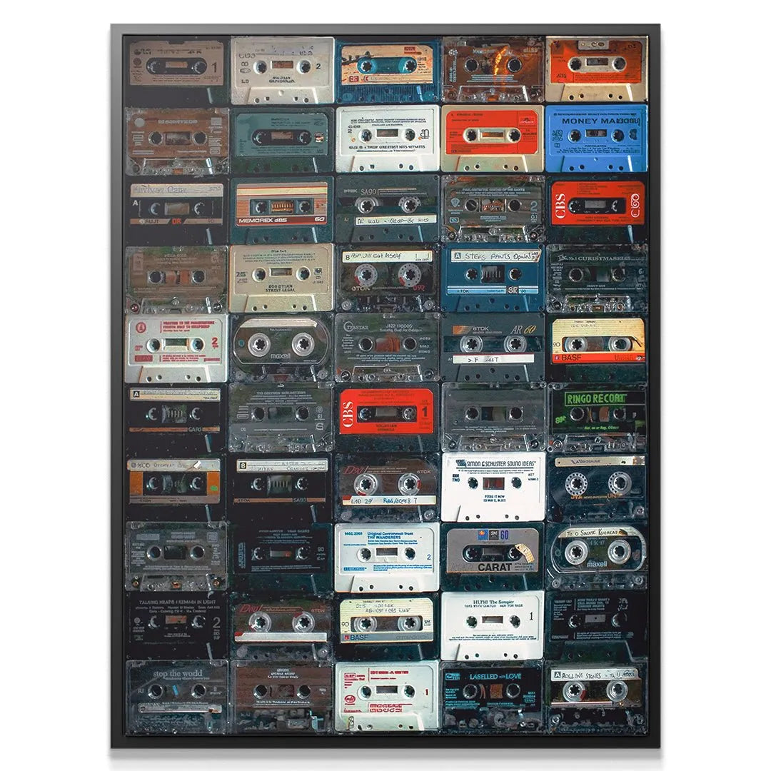 Detailed close-up texture shot of the analog magnetic tape spools on the Cassette Wall print.