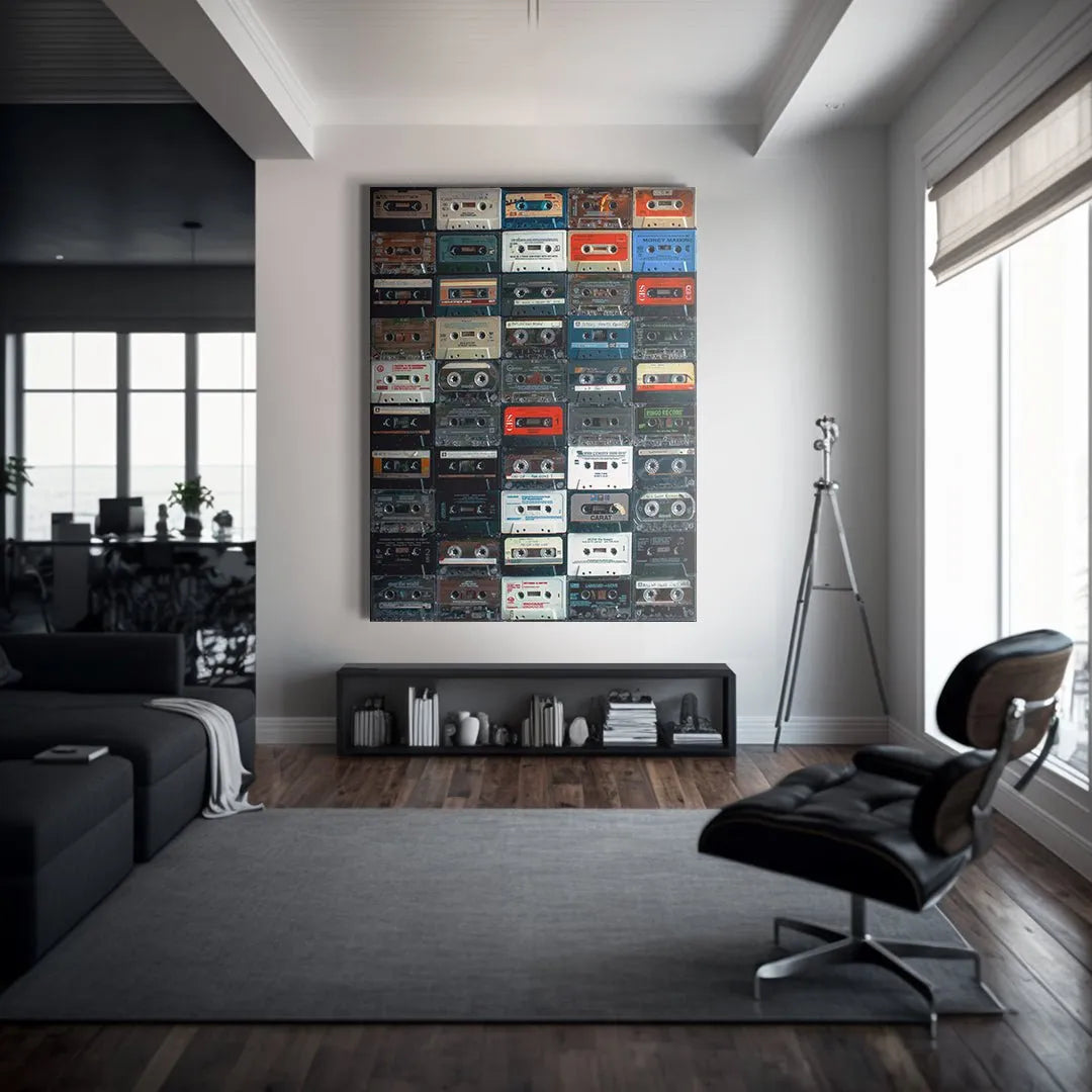 Modern living room background showing the scale of the nostalgic Cassette Wall poster.